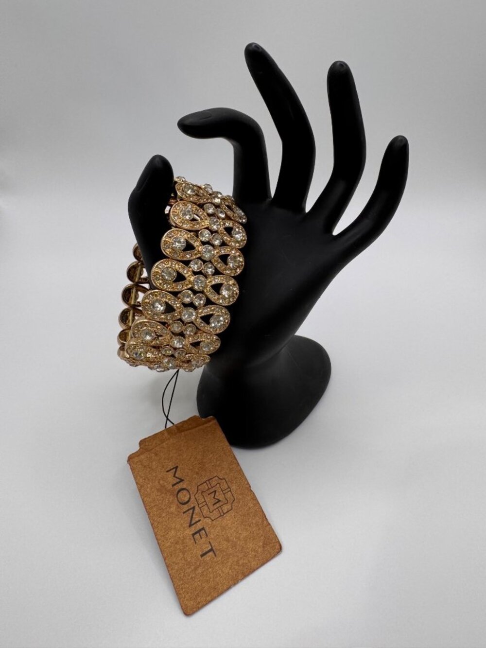 Monet Gold Tone Rhinestone Stretch Bracelet Wide Statement NWT